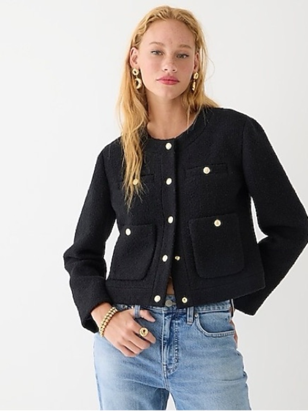 J. Crew Lady Black Tweed Cropped Button Jacket with Gold Buttons